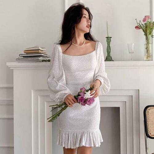 White Simple Prom Dress Full Sleeves Square Collar Pleat Mermaid Sequins Above Knee New Plus size Women Formal Party Gown C1070