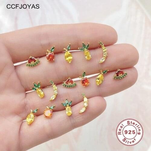 CCFJOYAS 925 Sterling Silver Cute Tropical Fruit Stud Earrings for Girl Minimalist INS Colorful Zircon Pineapple/Grapes Earring