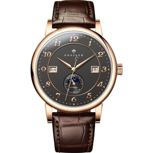 PONIGER Men Automatic Watch Mens Wrist Watches 50M Waterproof Self Wind Mechanical Wristwatch Sapphire Mirror Luxury Week Date