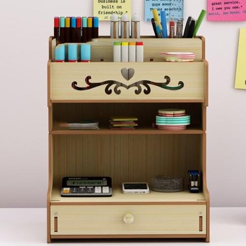 Wooden Pen Holder with Drawer Multi-Functional Desktop Stationary Pencil Box Home Office Art Supplies Organizer Rack