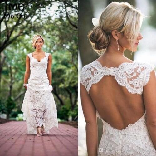 Elegant 2018 A-Line Gown Lace Wedding Dresses V-Neck Spaghetti Straps Keyhole Backless Vestido de noiva Bridal Gown