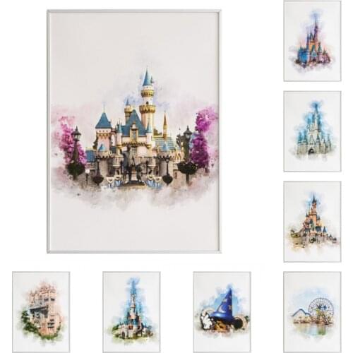 Watercolor Disney Princess Elves Dream Castle Canvas Painting Wall Art Abstract Cartoon Canvas Poster And Prints Home Decor