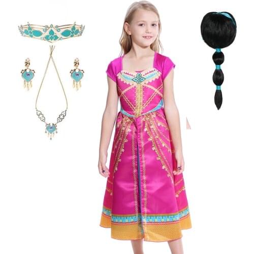 Aladdin Jasmine Dress Costume Pink Princess Dress Outfit For Kids Girls Cosplay Wig Aladdin Lamp Cosplay Party Halloween Costume