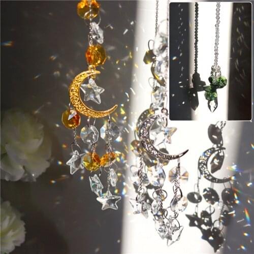 Moon Sun Catcher Windchimes Moon and Hoops Rainbow Crystal Hanging Car Prism Crystal Handmade Wind Chime Home Decor