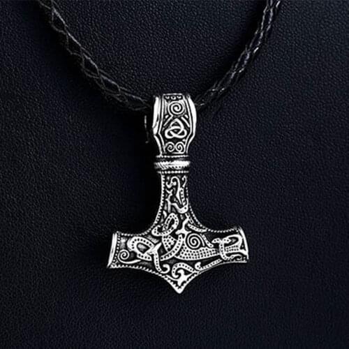 Top Quality Men Necklace Viking Amulet Odin Thor Hammer Pendant with Leather Chain Necklace Viking Jewelry Fot Gifts