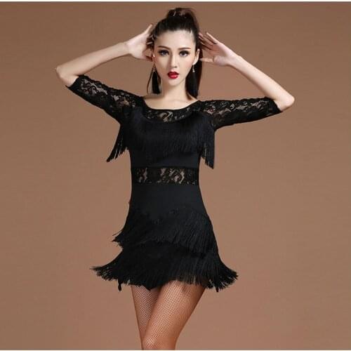 5Colors Fringe Latin Dance Dress Women Lace Tassel Dress for Ballroom Samba Tango Chacha Runba stage Dancing Performamnce LK28