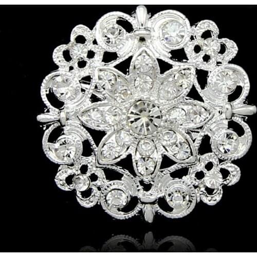Luxurious Lustrous Round Flower Crystal Rhinestone Silver-color Brooches for Women Brooch Pins Jewelry Small Lapel