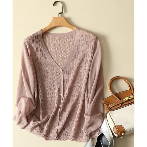 Thin Knitted Pink Women Cardigan Autumn New 2021 V-Neck Long-Sleeved Loose Casual All Match Female Outwear Coats Tops