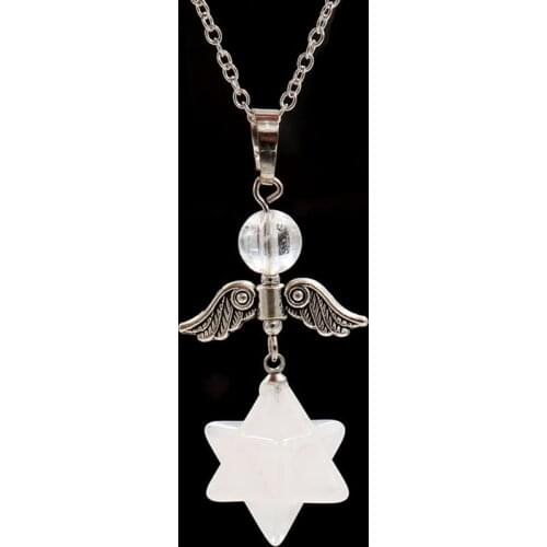 YJXP Silver Plated Angel Wing Natural Rock Crystal Round Bead Merkaba Star Pendant Necklace for Women Lucky Charms Jewelry Gift