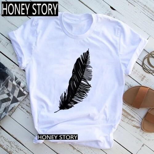 WVIOCE Women Casual Harajuku Fashion T-shirt Feather Print Loose O-neck Short Sleeve Loos Top Female Clothes 28740