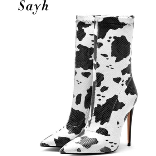 Fashion Winter Woman Mid Calf Boots Pointed Toe Stilettos 11CM Heels Lady Stretch Boots Shoes Size Plus