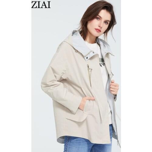 ZIAI 2021 new Women spring short beige hooded trench coat zipper Windbreaker ladies outwear top brand in stock ZS-3088