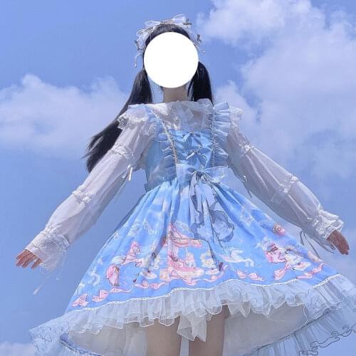 Japanese Lolita Cloud Carousel JSK Dress Bowknot Stitching Sling Dress Women Sweet Kawaii Tea Party Dresses loli cos