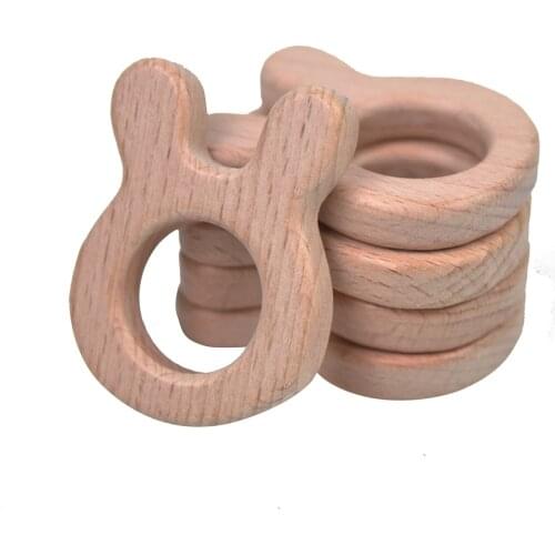 Mabochewing Bunny Rabbit Head Natural Beech Wood Baby Chew Teether Pendant Ring