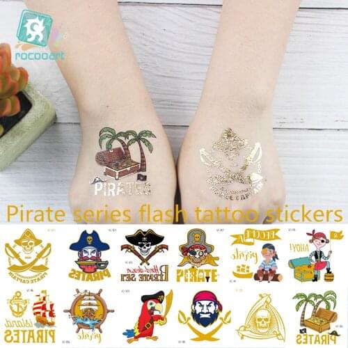 1 Sheet Small size 6x6cm Pirate Gold Metallic Tattoo Sticker Children Body Art Flash Skull Waterproof Temporary Fake Tattoo