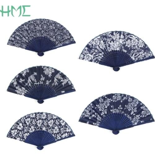 1 PCS Classical Flower Design Chinese Style Blue Fabric Hand Fan with Dyed Blue Bamboo Frame Wedding Party Favor Folding Fan