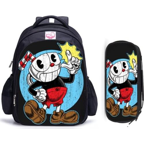 16 Inch Cuphead Game Mugman Children Backpack Lovely Schoolbag Boys and Girls Orthopedic Backpack Pencil Bag Sets