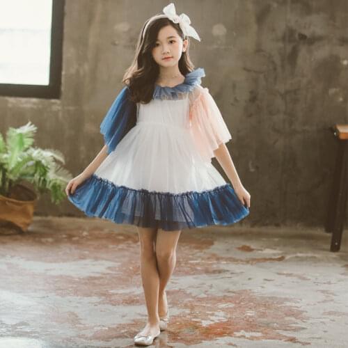 2021 Summer Kids Girls Clothing teenager mesh Half Sleeve Multicolor Princess Dresss + White Vest Child Performance Costumes