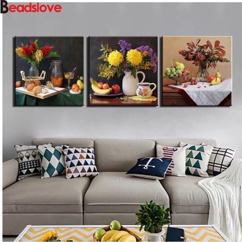 3 pcs still life diamond embroidery flower vase food diamond painting cross stitch full square round drill 5d puzzles decoration