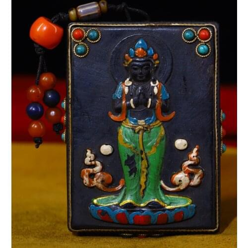 3"Tibet Temple Collection Old Natural horns Filigree mosaic Gem Dzi Bead Guanyin Bodhisattva Buddha Amulet Pendant Town House