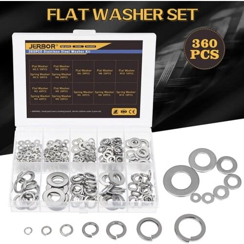 360Pcs Spring Washer Flat Washer M2.5,M3,M4,M5,M6,M8,M10 Stainless Steel Washers Plain Gaskets