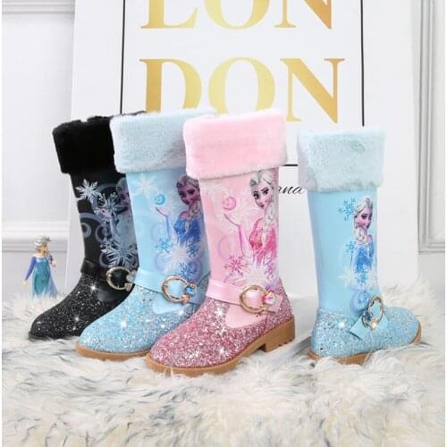 Kids Princess shoes Children Cartoon Boots PU leather Sequin Winter Boots New girls Genuine Elsa Wool Warming boots Size 25-35