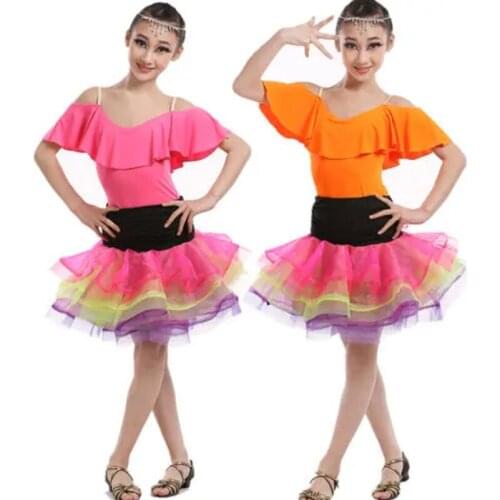 Rainbow Latin Dance Dress For Children Girls Orange Latin outfits Ballroom Dance Dress Children Competition Dancewear