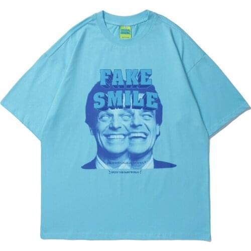 Hip Hop Men T Shirt Funny Fake Smile Anime Printed Harajuku Tops Tee Streetwear 100% Cotton Tshirt 2021 Casual Male T-shirt