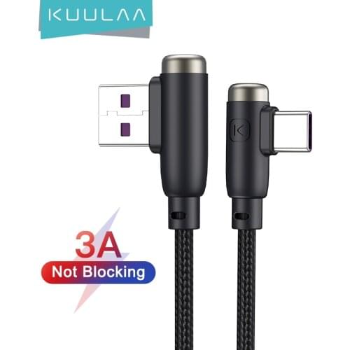 KUULAA USB C Cable 90 Degree Fast Charger USB Type C Cable for Xiaomi Mi 8 6 Samsung S20 S10 Plus Mobile Phone Nylon USB-C Cord