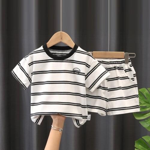 2Pcs Kids Baby Summer Sets Boys Girls O-Neck Striped T Shirt Tops+ Shorts Set 1-5Years Children Casual Clothes Suits