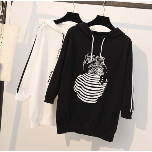 L-4XL plus size women casual hooded kint sweater pullover long sleeve print Spring autumn basis kint sweaters jersey mujer 2021