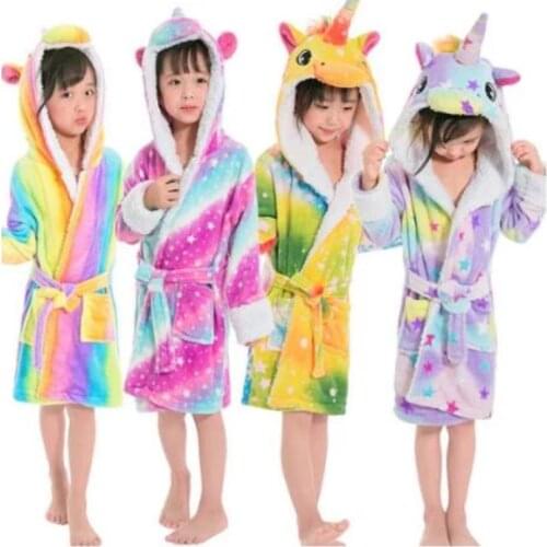 New Kids Dressing Gowns 2021 Unicorn Animal Boys Girls Sleepwear Onesie Pajamas Childrens Bathrobes Flannel Hooded Towel Robes