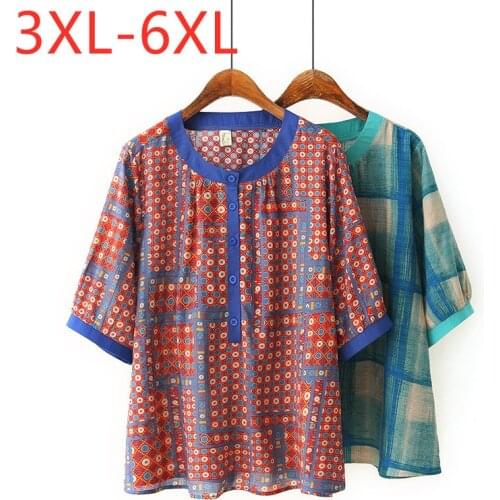 New 2021 Ladies Summer Plus Size Tops For Women Large Blouse Short Sleeve Cotton Linen Red Plaid O-neck Shirt 3XL 4XL 5XL 6XL