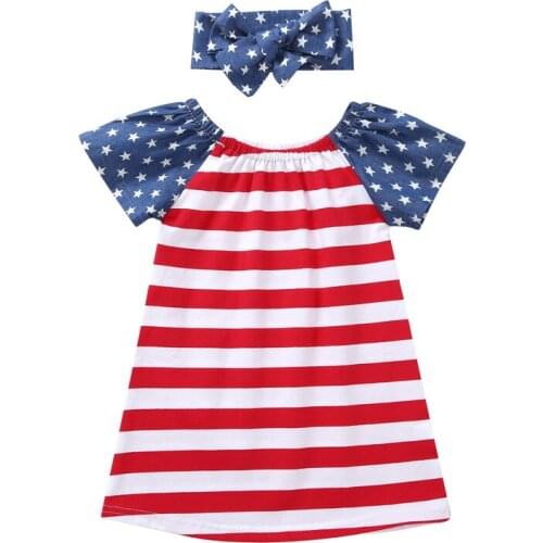 Girls Dress Indepen dence Day Clothing 2021 Girls Childrens Short Sleeve Summer Dress American Flag Stripe Stars Print Dress