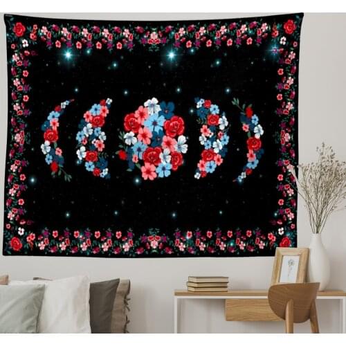 Psychedelic Floral Moon Phase Tapestry Flower Wall Hanging Sky Starry Carpet Dorm Tapestries Art Home Room Decor Aesthetic