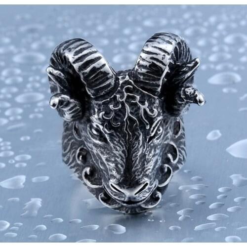 Retro Goat Skull Ring Aries Goat Head Horn Motorcycle Exaggerated Punk Ring Gothic Hip Hop Party Jewelry Size Us7-13