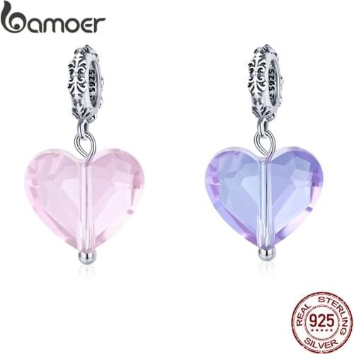 Bamoer Silver Simple Pink Heart Charm Crystal Fairy Tale Love 925 Sterling Silver Charm Pendant for Bracelet DIY Fashion Jewelry