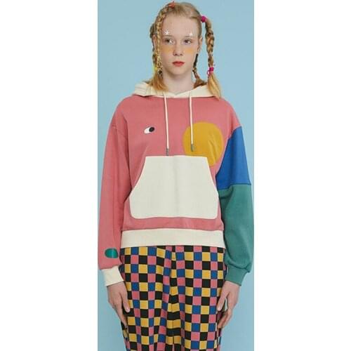 Hoodies Casual Loose Pullover Sweatshirts For Women Cotton Hooded Jumpers Top Color Block Original Design Harajuku Ladies