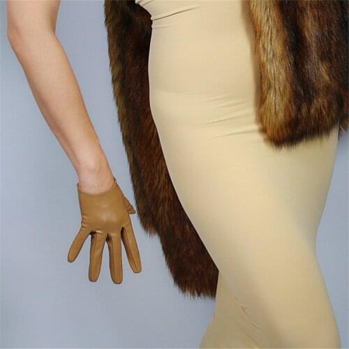 Ultra-Short Leather Gloves 16cm Wrist Simulation Leather Faux Leather Sheepskin Khaki Light Brown Rice Camel Color PUTS16