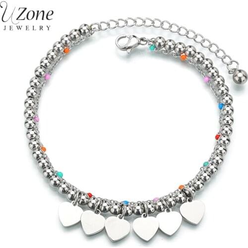 UZone Stainless Steel Tiny Heart Charm Bracelet Double Layer Adjustable Chain Beads Bracelets For Women Girl Weddng Gift Pulsera