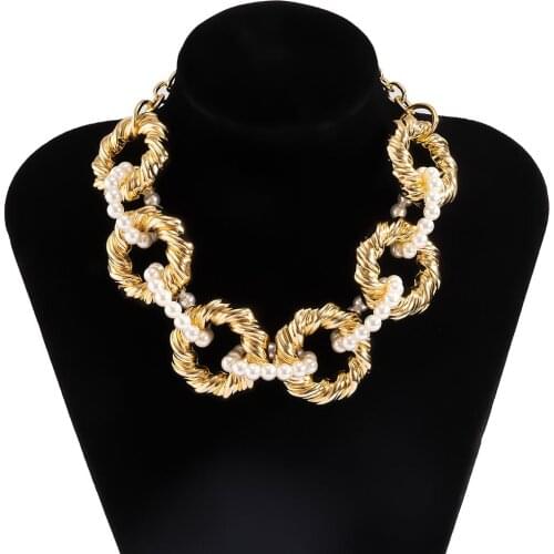 Vintage Golden&Silver Color Hyperbole Circle Twist Chain Imitation Pearls Choker Necklace Punk Jewelry Accessories for Women