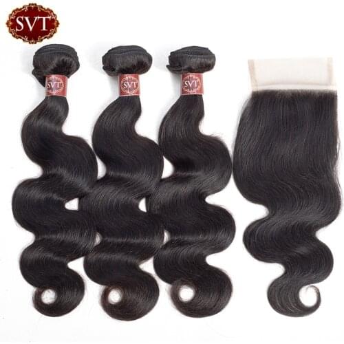 SVT Hair Brazilian Body Wave Bundles With Closure 3 Bundles With Closure Double Weft Non-Remy Human Hair Bundles With Closure