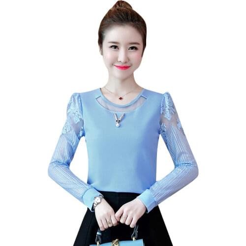WomenS Spring Autumn Lace Blouses Shirt WomenS Hollow Out O-Neck Long Sleeve Solid Color Korean Loose Tops DD9044