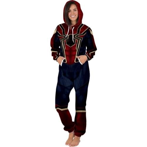 2021 Autumn Winter Women Hooded Jumpsuit Spider Hero Digital Printing Long Sleeve Casual Loose Fleece Romper