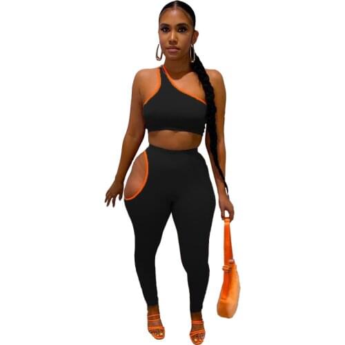 Women Two Piece Outfits 2021 New Arrival Neon Gym Clothing One Shoulder Vest Crop Top High Waist Pants Sweatpants Tracksuit
