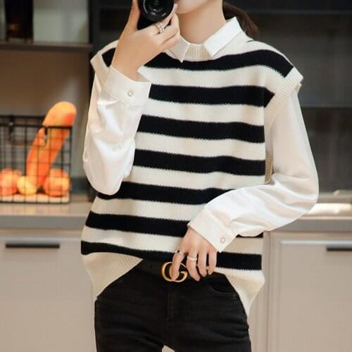 2021 Spring Autumn High Quality 100% Pure Wool Loose Sweater Womens Vest Female O-Neck Knitted Striped Vest Women Outerwear
