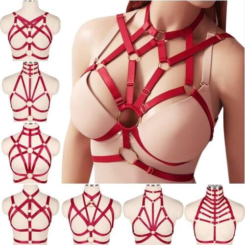 Red Harness Bra Pastel Goth Punk Cupless Top Cage Strap Rave Party Bondage Chest Bodysuit Women Plus Size Lingerie