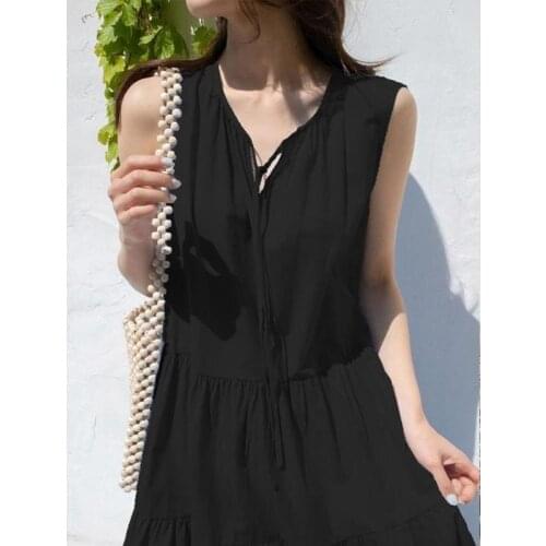 Korean Summer Dress Cotton Fold V-Neck Sleeveless Dress Women Solid Casual Fashion Office Lady Loose Long Dresses Vestidos 13950