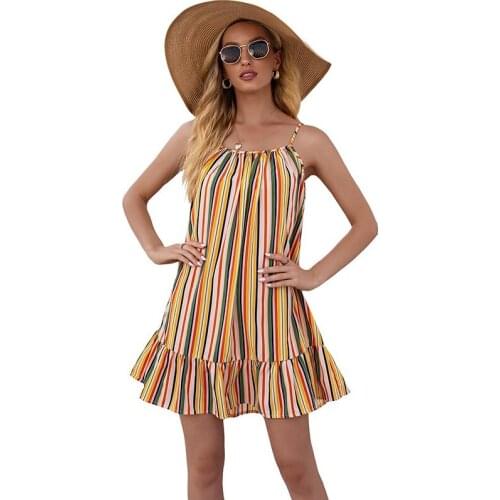 Spaghetti Straps Short Dress Striped Printing Boho Dress For Women 2021 Ruffles Hem Summer Mini Dress Female Casual Beach Dress