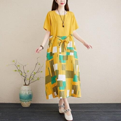 Round Neck Fashion Patchwork 2021 Summer Soft Cotton Vintage Style Lady Dress Female Short Sleeve Vestidos Dresses